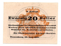 Ausztria Notgeld Waxenberg 20 Heller 1920