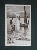 Képeslap,Balaton,női modell,naplemente,vitorlás hajó látkép,Karinger Bp. kiadás,1940-