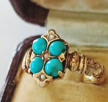 Antik Arany Türkiz Gyöngy Gyűrű Lóhere Bécs XIX.század