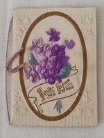 Antik dombornyomott, csipkés újévi üdvözlőkártya – ibolyás motívummal, holland verssel (kb. 1900)