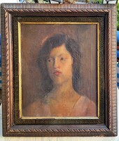 Antik női portré, egyedi keretben (olaj-vászon) görög mintás keret (meander minta)