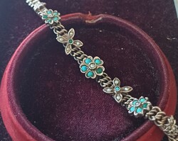 Antik Ezüst Karkötő Türkiz Gyöngy Virágos Ritkaság