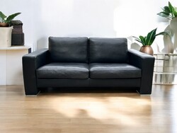 Modern black genuine leather sofa - 2-seater comfortable, high-quality design furniture (living room, office)