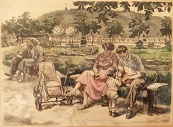 Ritka VYDAI BRENNER NÁNDOR - Család színezett rézkarc, Hibátlan, garancia!!!!!!!!