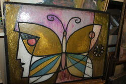 Antik art deco üvegre festett festmény 727