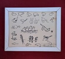 Róna Emy tusrajz – madarak, nyuszik, kutya