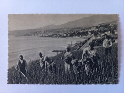 Régi képeslap San Remo liguriai virágültetvények virágot szedő munkások tengeri panorámával 1930 kb.