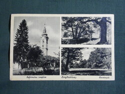 Képeslap,Zengővárkony,Ref. templom,gesztenyés látkép,részlet,Anschau Antal Pécsvárad kiadás,1940-