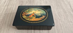 Orosz kézzel festett ékszertartó lakkozott fa doboz, lakkdoboz