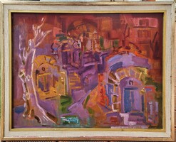 Freytag Zoltán (1901 - 1983) Nagymarosi Pincék c. Képcsarnokos olajfestménye EREDETI GARANCIÁVAL !