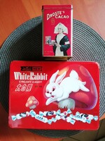 Vintage White Rabbit ikonikus cukorkás és Droste's Cacao fém doboz
