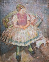Szoknyás kislány babával - régi olajfestmény vászonra - gyerek portré