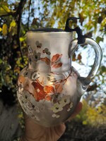 Antique Hand-Painted Tin-Lidded Jug with Colorful Flowers, Hand-Blown Glass from Huta. Video Available!