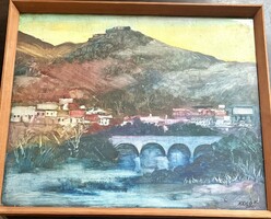 Krieg Ferenc 1921-2013 painter, landscape with graphic markings using oil-on-canvas technique
