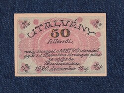 Magyarország Metro Vízmérőgyár Rt. Budapest 50 Fillér 1920 szükségpénz