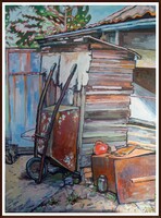 Falusi motívum II., 95×70 cm, olaj - Szervátiusz-díjas festő alkotása