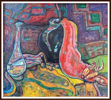 Csendélet vörös drapériával, 85×75 cm, olaj - Szervátiusz-díjas festő alkotása