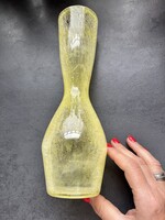 Csodás színjátékú retro karcagi berekfürdői repesztett citrom sárga fátyolüveg mid-century üveg váza