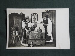 Képeslap,Románia,Kalotaszeg,menyasszonyi láda,népművészet,népviselet,Karinger Bp. kiadás,1940-