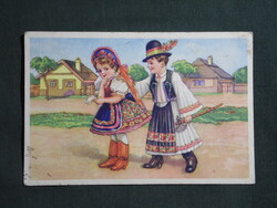 Képeslap,Tury József grafika,művészet,gyerek modell,kisfiú,kislány,népművészet,népviselet,1940-