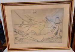 RITKASÁG! Nagy méretű szignált Borsos Miklós aktok a tengerparton rézkarc metszet 1969 gyűjtői darab