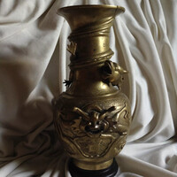 Kínai Bronz Váza Sárkány Arc Keleti tűz gyöngy írásjel kalligráfia Szvasztika Dombormű Szobor Figura