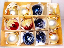 1970'S díszes színes ÜVEG FENYŐFADÍSZEK 3,4 cm átmérővel karácsonyi díszek 12db dobozával 1