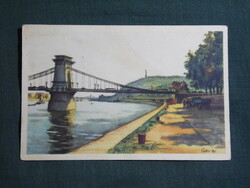 Képeslap,Zádor István grafika,Budapest,Budai alsórakpart,Lánchíd látkép,részlet, 1954-