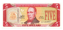Libéria 5 Dollár Bankjegy 2009 P26e UNC
