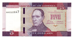Libéria 5 Dollár Bankjegy 2016 P31a