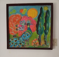 Páva a kertben  / Serikata absztrakt akril festménye /