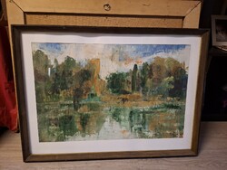 Ferkovics József: " Őszi vízpart", 59x40 cm látható festményméret, tempera