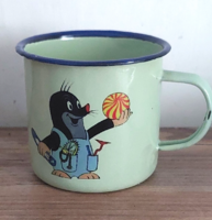 Régi zománcos, zománcozott a népszerű "kis vakond " festett mesefigurával díszített fém bögre