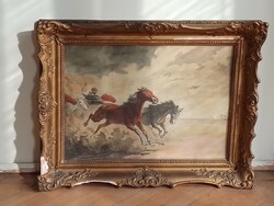 Benyovszky István Vihar jelzett lovas rézkarc akvarell ménes puszta lovak csikós ló Hortobágy 71x55c