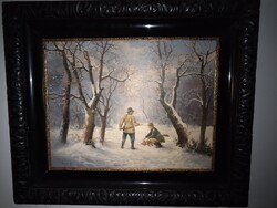 Neogrády Antal (1861-1942) : Téli vadászat. Nagyméretű antik olajfestmény,1920as évek.Ritkaság!