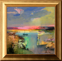 Budai László: Alkonyati halászat - keretezve: 50x50 cm - alkotás mérete: 40x40cm - 24/901F