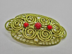 Beautiful Antique Gold-Plated Brooch with Red Stones, Signed