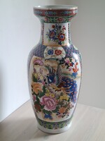 Hatalmas álomszép kék tónusú gazdagon díszített paradicsommadár és virágözön kínai porcelán váza