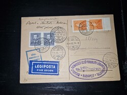 1934, Miskolc - Debrecen, első forgalmi légijárat alkalmi levelezőlapja, ritka