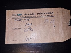 1942, Magyar Pénzverő, érmetartó papírzacskó, 1948-ban felhasználva, ritka