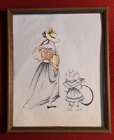 Róna Emmy – humoros figurális akvarelles tusrajz