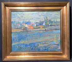 Vincze András: Derekegyházi részlet (olajfestmény) utcakép, házak, faluvége, Csongrád-Csanád megye