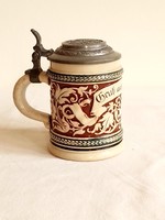 Antik régi ón fedeles mini kőcserép német salzburgi sörös korsó krigli Bier-stein indás dísz