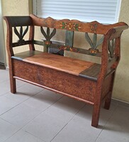 Folk Style Horse Cart Wooden Chest, with Arms, Armchair, and Lid-Opening Storage Bench