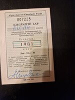 1981, GYSEV kiegészítő lap közszolgálati alkalmazottak igazolványához