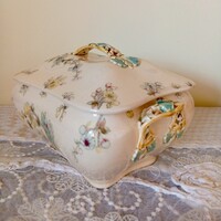 Antik Zsolnay fajansz leveses tál családi jelzéssel - ritka!