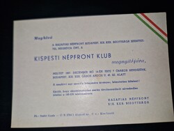 1957, Kispest, meghívó a Népfront Klub megnyitójára