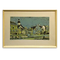 Csavlek András (1942- ) Sopron, 1972 - színezett grafika üvegezett keretben /számlát adunk hozzá/