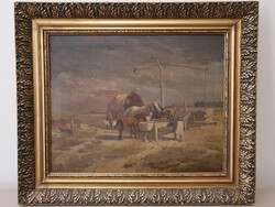 Lovasszekér a gémeskútnál - Korpács Lajos festménye