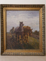 Szántás két lóval - Korpács Lajos festménye